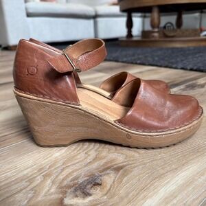 Born Brown Leather Wedge Mary Jane Comfort Work Shoes Size 10
